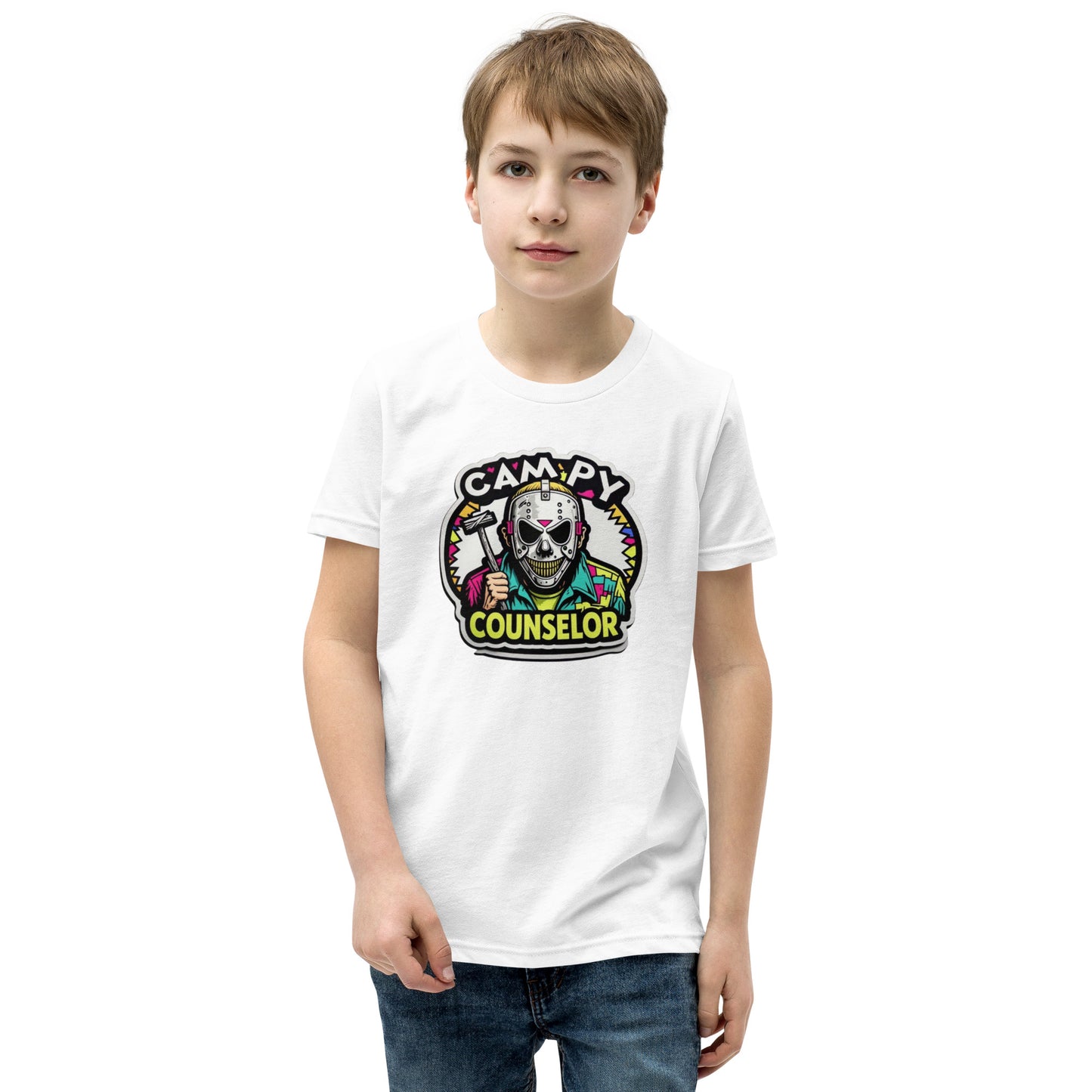 Campy Counselor Youth Short Sleeve T-Shirt  from Rare Plus Apparel – unique movie & pop culture inspired design.