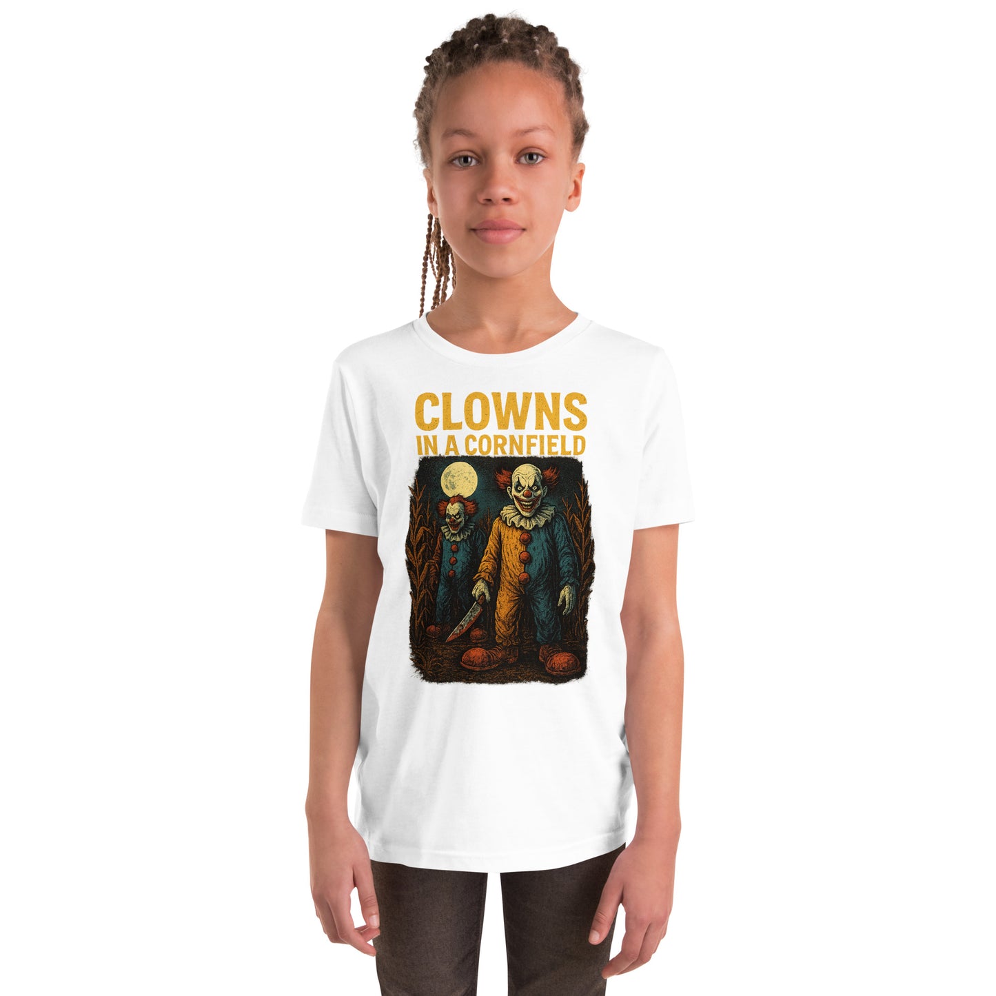 Clowns in a Cornfield Youth Short Sleeve T-Shirt  from Rare Plus Apparel – unique movie & pop culture inspired design.