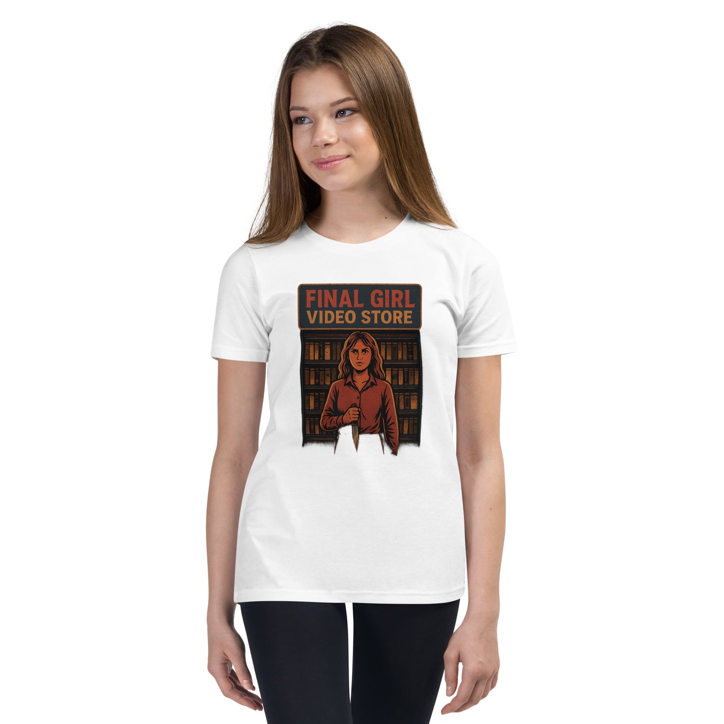 Final Girl Video Store Youth Short Sleeve T-Shirt  from Rare Plus Apparel – unique movie & pop culture inspired design.