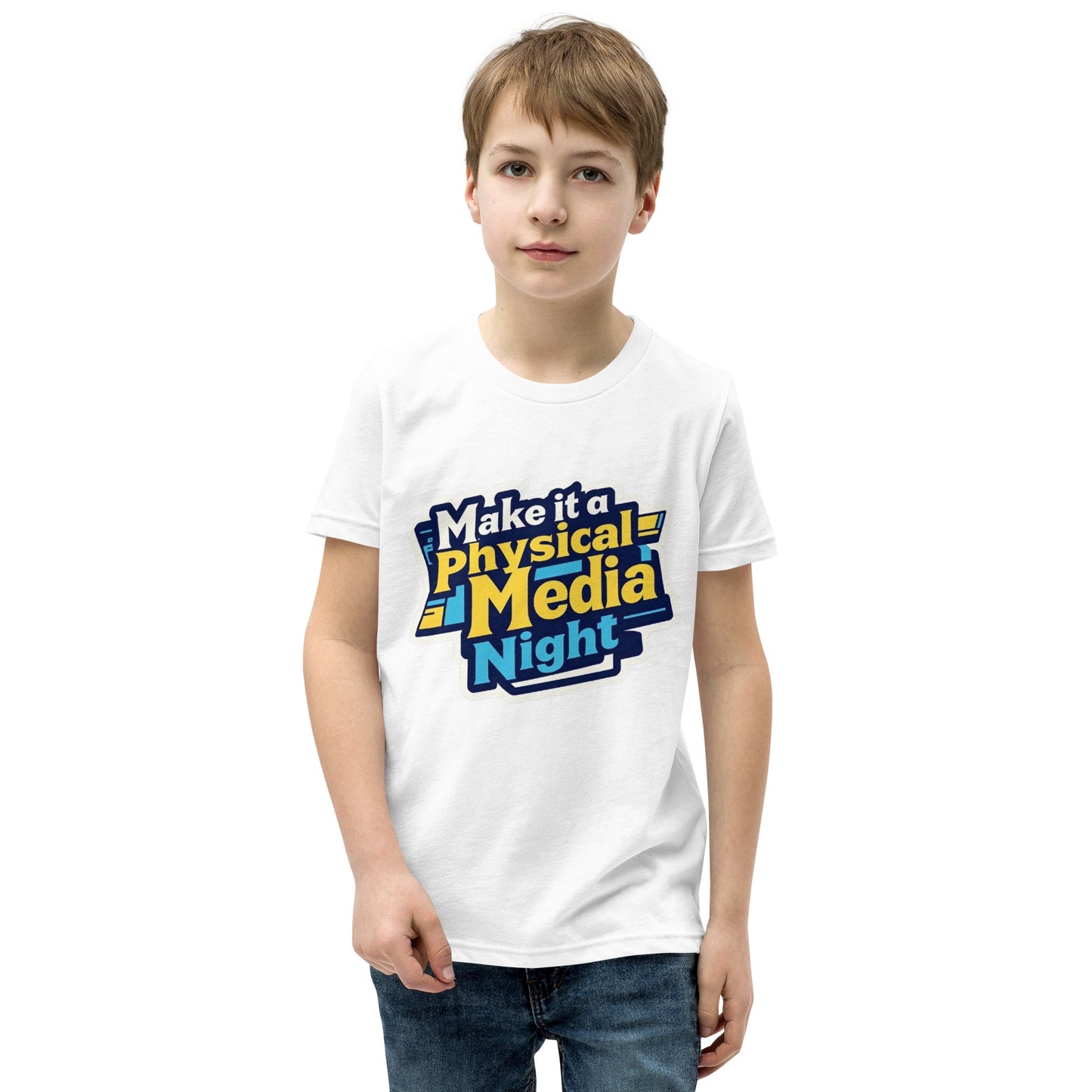 Make it a Physical Media Night Youth Short Sleeve T-Shirt  from Rare Plus Apparel – unique movie & pop culture inspired design.
