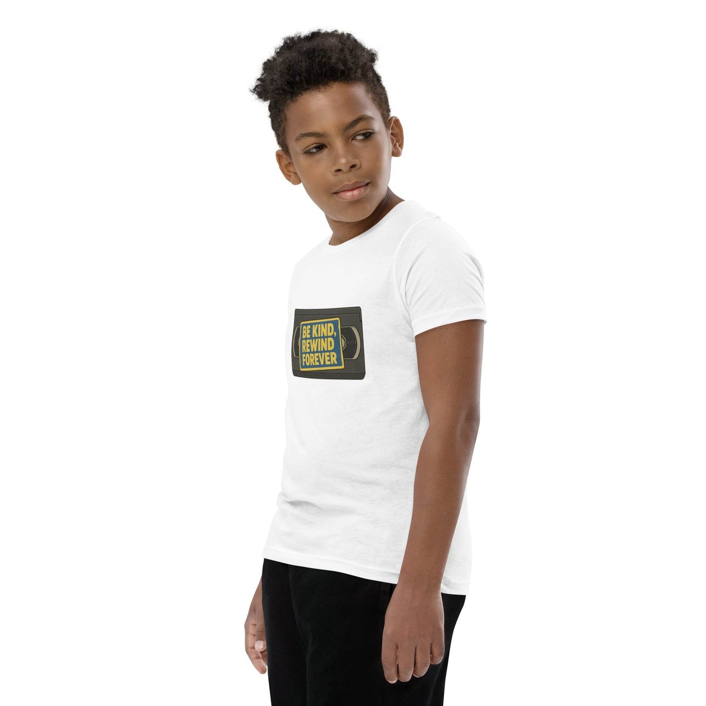 Be Kind, Rewind Forever Youth Short Sleeve T-Shirt  from Rare Plus Apparel – unique movie & pop culture inspired design.