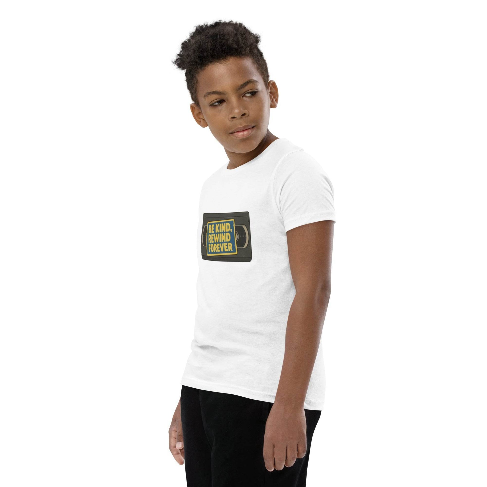 Be Kind, Rewind Forever Youth Short Sleeve T-Shirt  from Rare Plus Apparel – unique movie & pop culture inspired design.