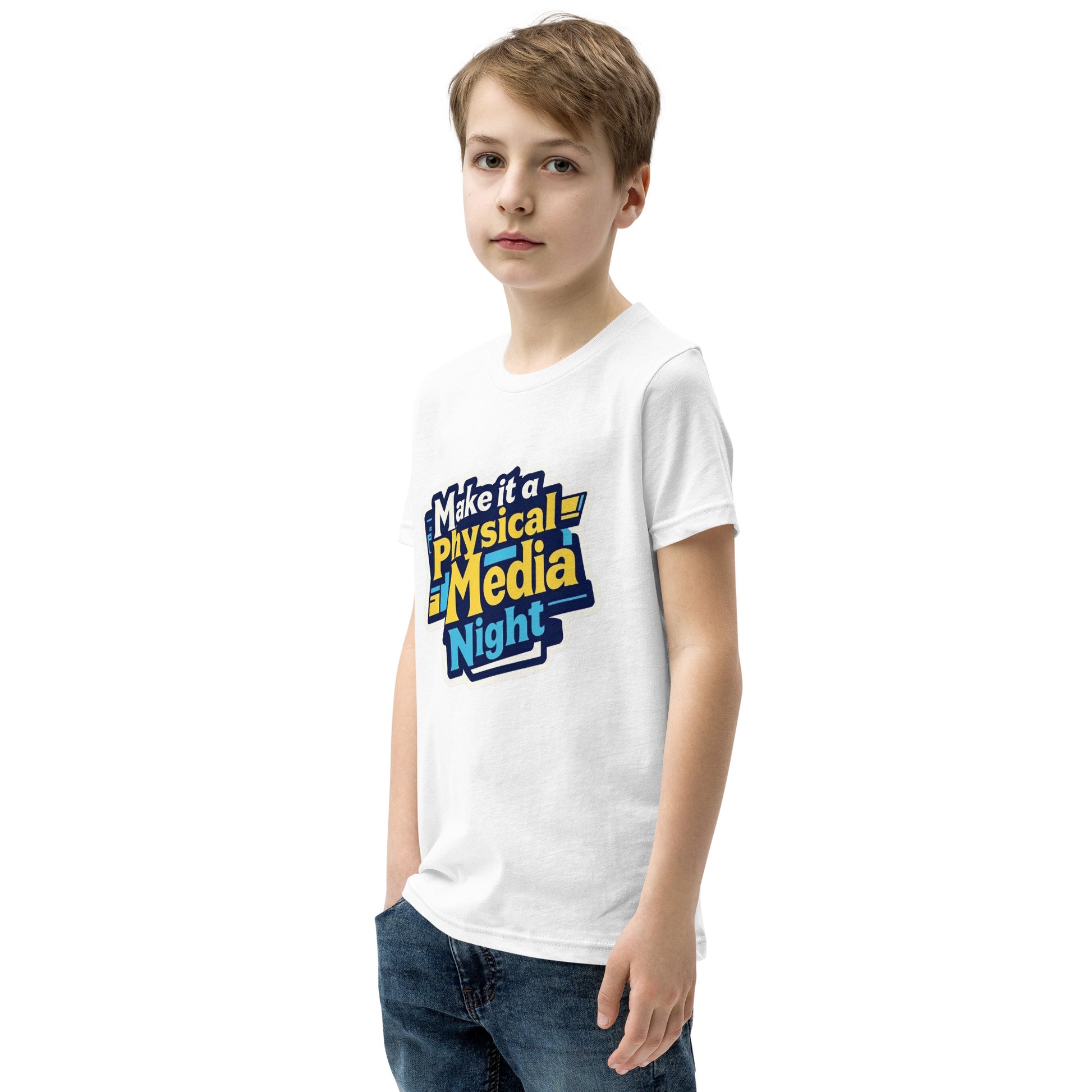 Make it a Physical Media Night Youth Short Sleeve T-Shirt  from Rare Plus Apparel – unique movie & pop culture inspired design.