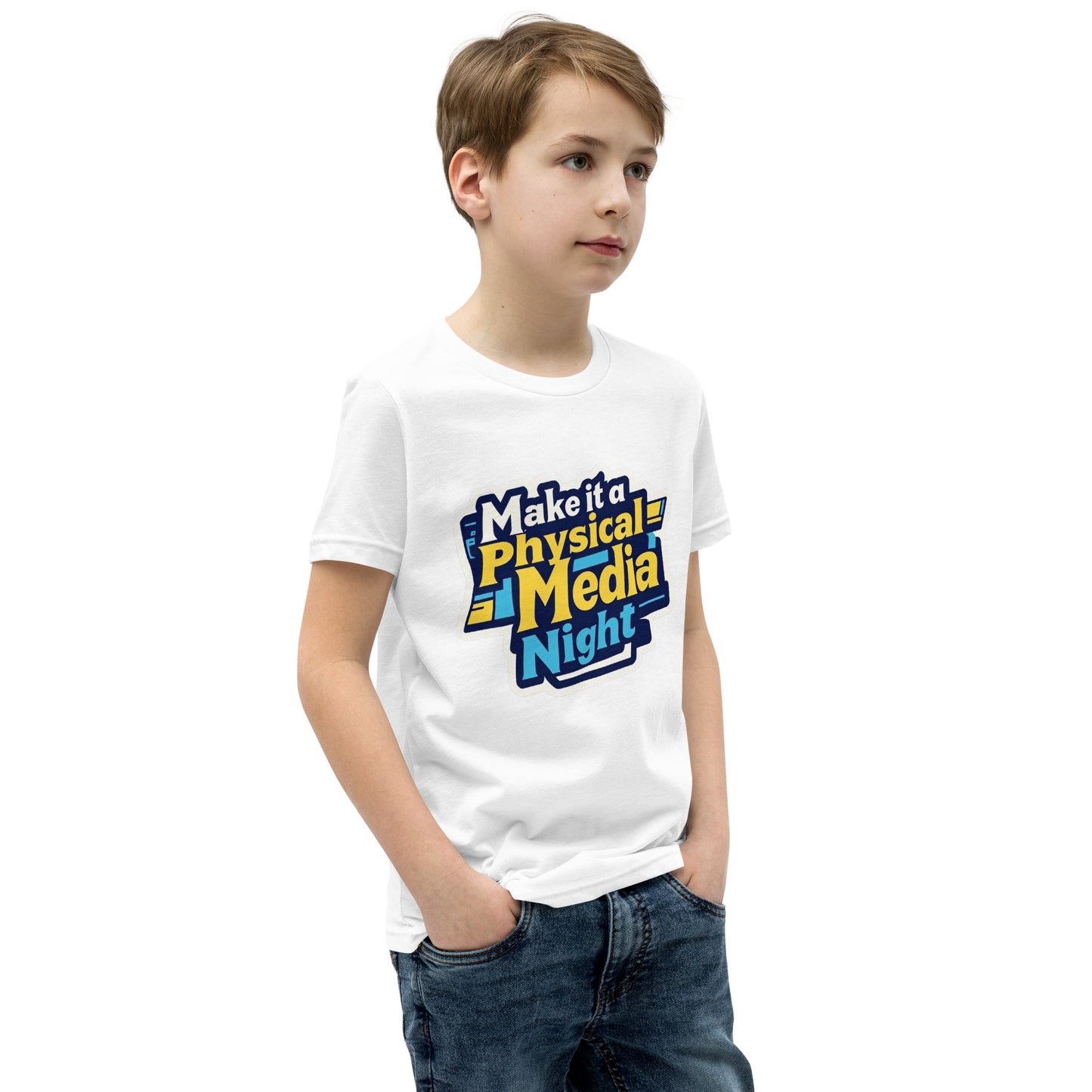 Make it a Physical Media Night Youth Short Sleeve T-Shirt  from Rare Plus Apparel – unique movie & pop culture inspired design.