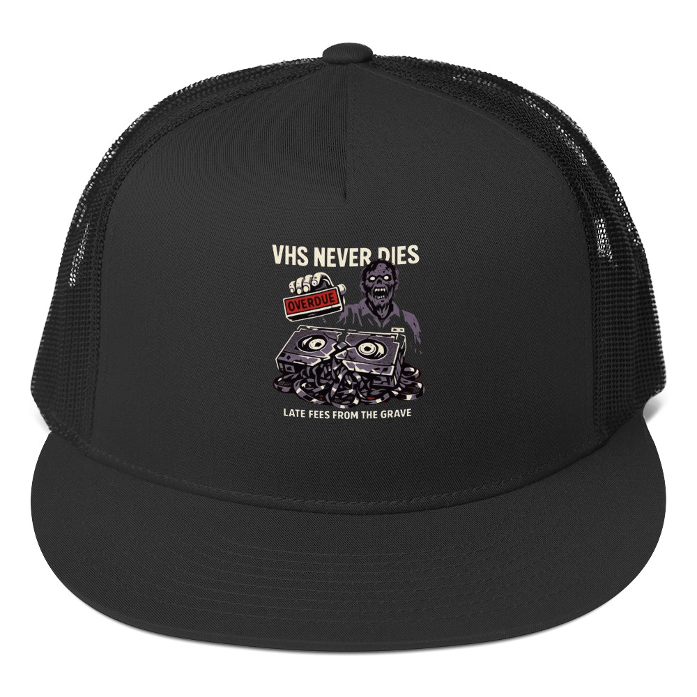 VHS NEVER DIES: Late Fees From the Grave Trucker Cap - Shop Now at Rare Plus Apparel VHS NEVER DIES: Late Fees From the Grave Trucker Cap - Image 2