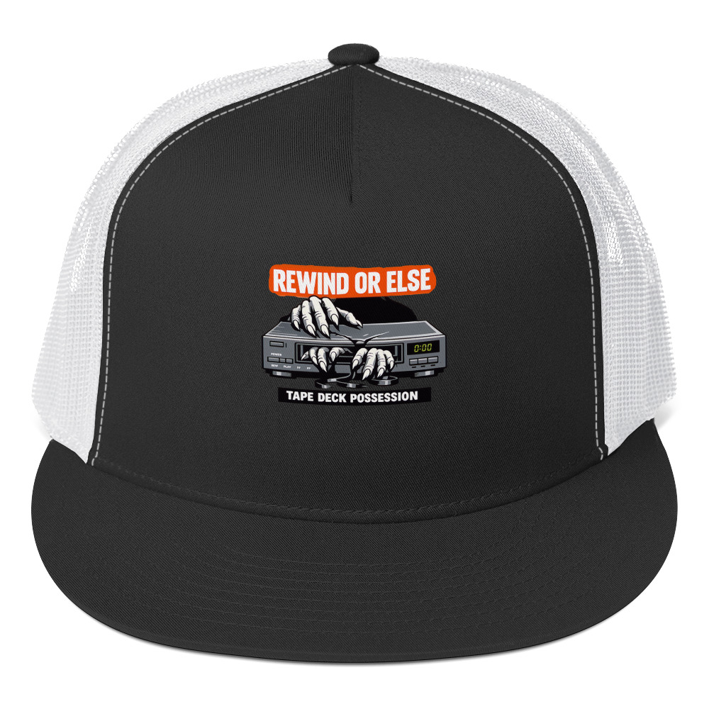 REWIND OR ELSE: Tape Deck Possession Trucker Cap - Shop Now at Rare Plus Apparel REWIND OR ELSE: Tape Deck Possession Trucker Cap