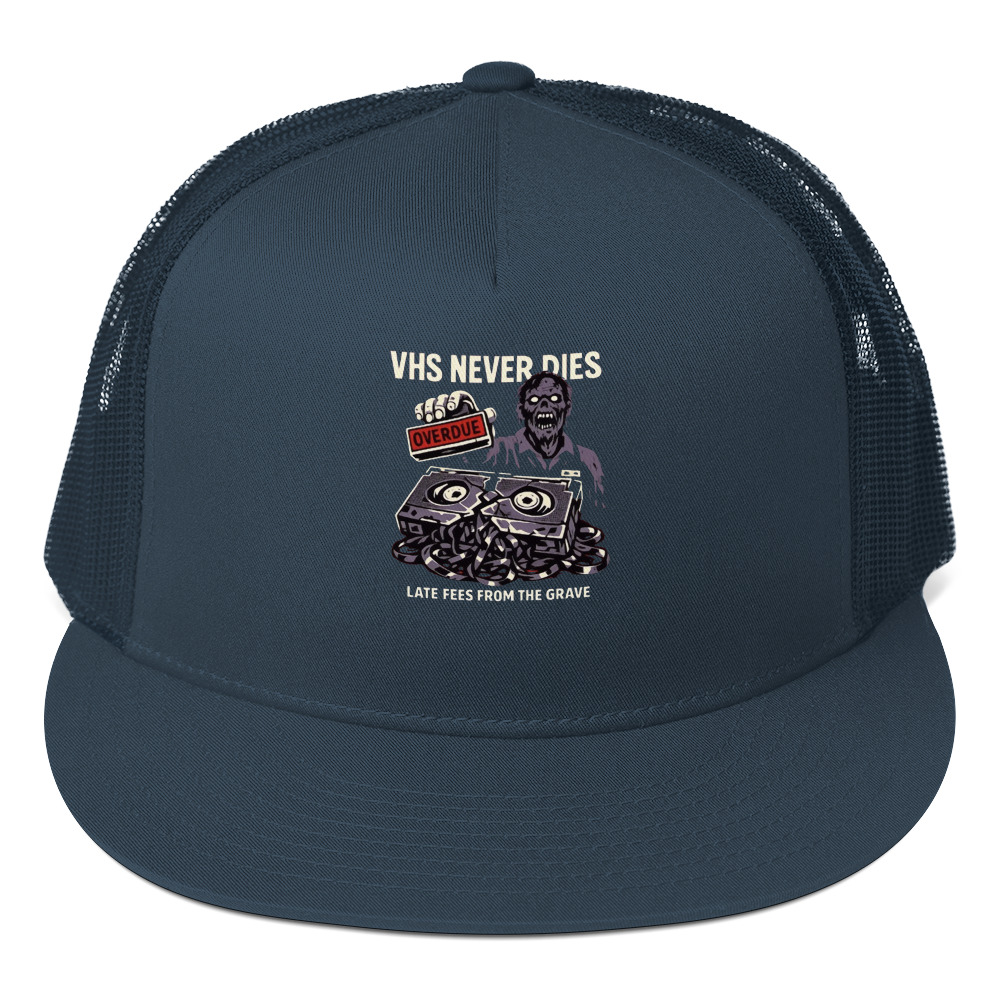 VHS NEVER DIES: Late Fees From the Grave Trucker Cap - Shop Now at Rare Plus Apparel VHS NEVER DIES: Late Fees From the Grave Trucker Cap - Image 3