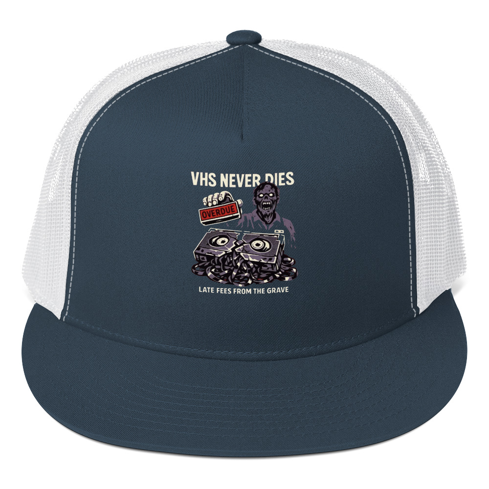VHS NEVER DIES: Late Fees From the Grave Trucker Cap - Shop Now at Rare Plus Apparel VHS NEVER DIES: Late Fees From the Grave Trucker Cap - Image 4
