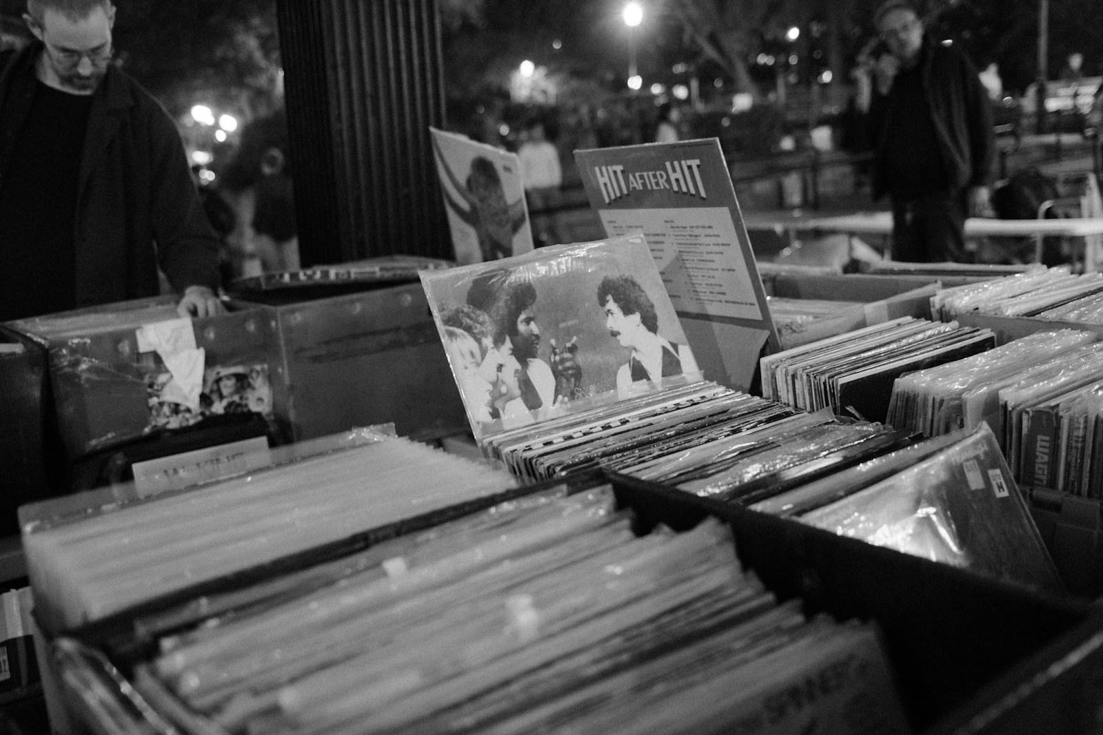Rows of vinyl records displayed for sale